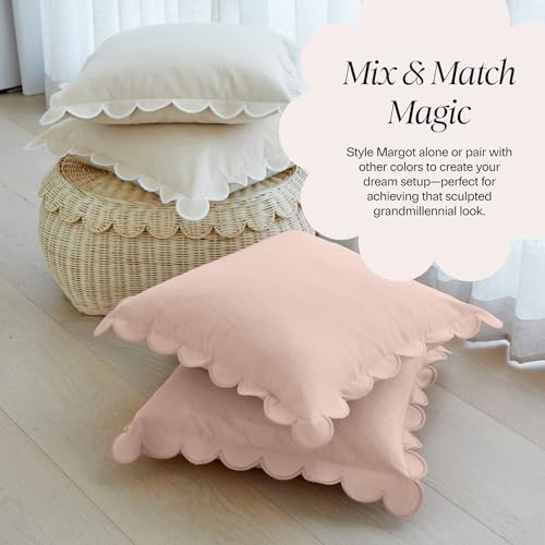 BEBE BASK Scalloped Pillow Cover - Set of 2 - 18 x 18 Inch - Scallop Pillow Cover Natural/White/Beige - 100% Cotton - Grandmillennial Style - color: Natural/White