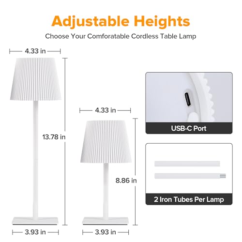LUTEC 4 Pack Cordless Table Lamp,6000mAh Rechargeable Battery Operated Desk Lamp,Two Adjustable Heights,Waterproof, Touch Control & 3 Color Stepless Dimming for Restaurant/Bedroom/Bars/Outdoor (White) - color: White