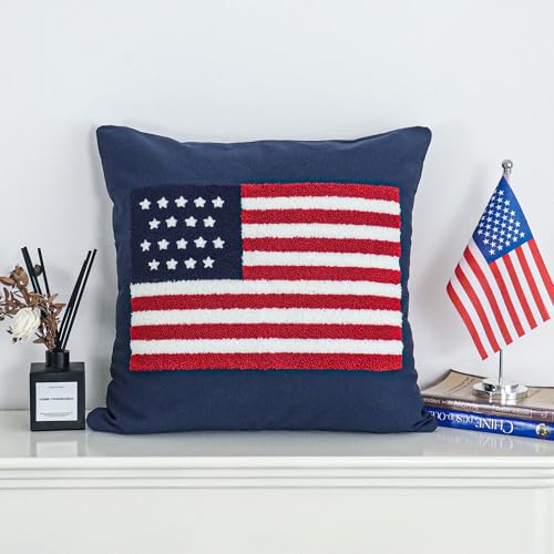 Jonhier 4th of July Throw Pillow Cover, Independence Day Patriotic Throw Pillow Case Tufted American Flag Pattern, Textured Cushion Cases Memorial Day Flag Day Decor for Sofa Bed (Blue, 18” x 18”) - color: Blue