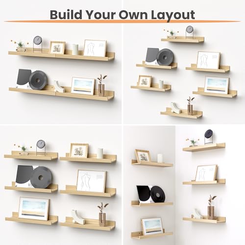 upsimples Floating Shelves for Wall, Wall Shelves for Decor Storage Set of 6, Wall Mounted Wood Shelf for Bedroom, Living Room, Bathroom, Kitchen, Picture Ledge Shelves, Natural - color: Natural, size: 15.7in