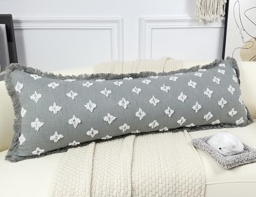 Boho Long Lumbar Pillow Cover 14x48 with Tassel Fringe,3D Flower Patterned Extra Decorative Long Lumbar Pillow Cover Case for Sofa Couch Bed Livingroom Farmhouse,Blue Grey - color: Blue Grey, size: 48" x 14" (Pack of 1)