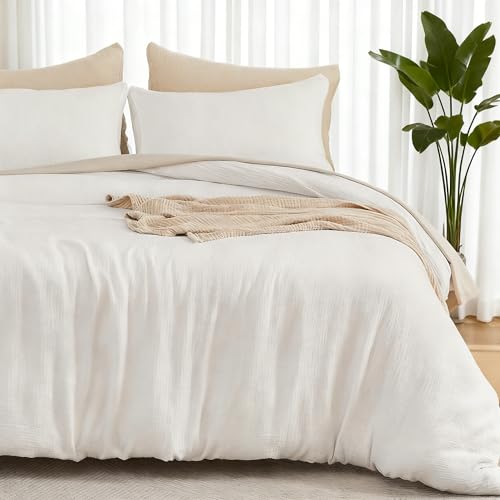 EMME Muslin Cotton Duvet Cover Set Cream White King Size Linen Like Soft Breathable Lightweight Summer Comforter Cover Set with Zipper Closure (Cream White, King, 104"x90") - color: 01 - Cream White, size: King(104"×90")