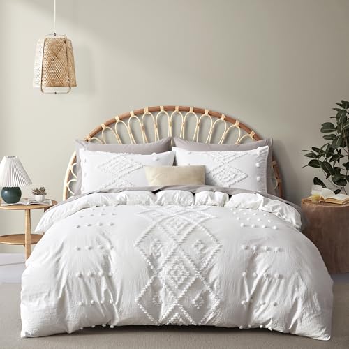 Oli Anderson Tufted Duvet Cover Queen Size, Soft and Lightweight Duvet Covers Set for All Seasons, 3 Pieces Boho Embroidery Shabby Chic Bedding Set (White, Queen, 90" x 90") - color: White, size: Full/Queen(90"×90")