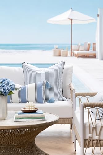 Hofdeco Premium Coastal Hampton Outdoor Performance Throw Pillow Cover Only, 20"x20" Water Repellent, UV and Fade Resistant for Backyard, Couch, Poolside, Azure Blue Indigo Woven Coastline Stripes - color: Azure Blue Indigo Coastline Stripes 20"x20"