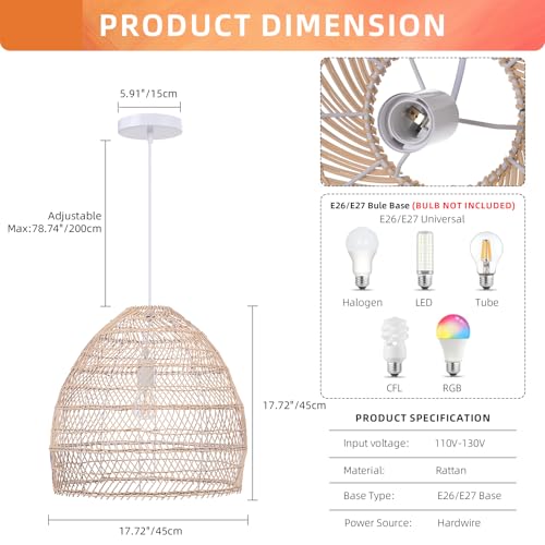 Arturesthome 1 Light Rattan Woven Pendant Light Shades,17.7" Kitchen Island Pendant Light,Handmade Hanging Lamp Crafts Lampshade for Living Dining Room - color: Rattan, size: 17.68in*15.7in