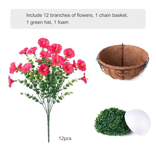 Artificial Faux Hanging Plants Flowers Basket for Outdoor Outside Spring Summer Decoration, Silk Morning Glory in Planter UV Resistant Look Real Fake Flower for Porch Patio Balcony Home Yard, Hot Pink - color: Hot Pink