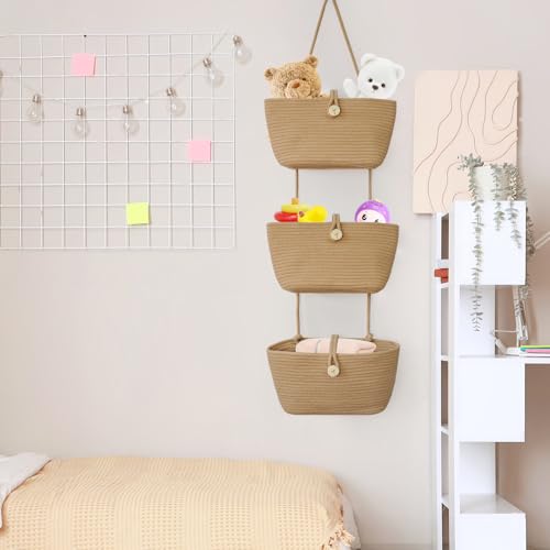 TeoKJ Over the Door Hanging Baskets with Wooden Button, 3-Tier Woven Cotton Storage Organizer Bag, Wall-Mounted with Hook Decorative Hanging Nursery Baskets, Jute - color: Jute, style: 3 tier+Wooden Button