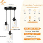Licperron 3-Light Pendant Light Fixtures, Black Pendant Lights Kitchen Island, Adjustable Pendant Lighting with Clear Glass Shade, Modern Hanging Light Fixtures for Dining Room, Hallway, Living Room - size: 3-Lights