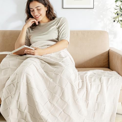 Whale Flotilla Checkered Knit Throw Blanket for Couch, Soft Decorative Knitted Blankets for Sofa Bed, Lightweight Cozy Throws for Spring Summer, 50x60 Inch, Ivory - color: White, size: 50x60 Inch