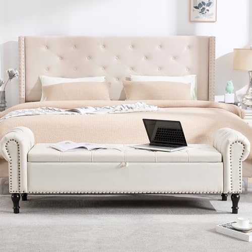 67 Inch Storage Bench for Bedroom, King Size End of Bed Bench, Upholstered Bench with Rolled Arms, Linen Tufted Button Storage Ottoman Benches, Living Room, Entryway, Beige - color: Beige, size: 67inch-linen