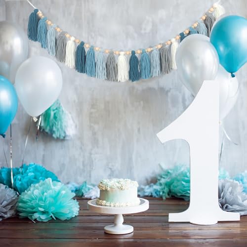 GIAUMA Dusty Blue Yarn Tassel Garland with Wood Beads Boho Bunting Banner Wall Hanging Tassels for Classroom Nursery Room Kids Bedroom Baby Shower Birthday Party Dorm Office Wedding Decor - color: Light Blue