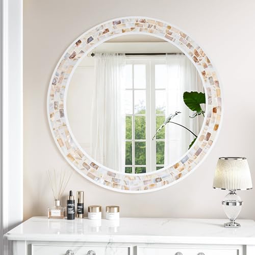 Tanmicoshomy Round Wall Mirror 30 Inch, Natural Brown Shell Framed Circle Mirrors with Tempered Glass for Bathroom Bedroom Living Room or Entrayway - color: Brown, size: 30"L x 30"W
