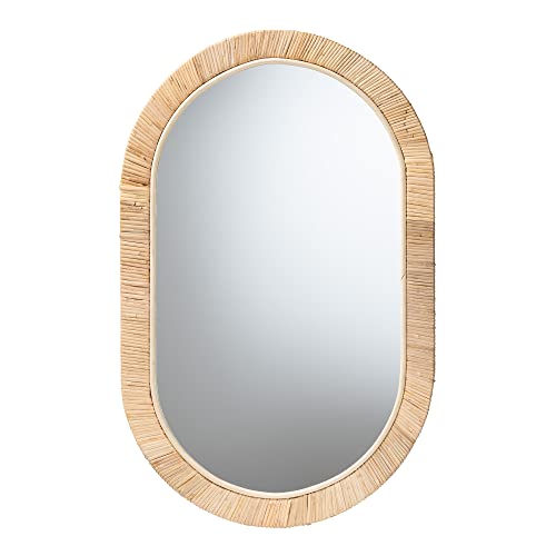 Bali & pari Bella Modern Bohemian Natural Mahogany Wood and Natural Rattan Oval Mirror