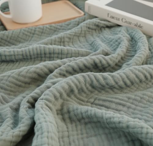 KyraHome 100% Organic Cotton Throw Blankets, 60"x80", Pre-Washed Plant Dyed, Lightweight Gauze Soft Muslin Blankets, Adults, Picnic, Travel, Summer, All Season, Sage Green - color: Sage Green, size: Large Throw