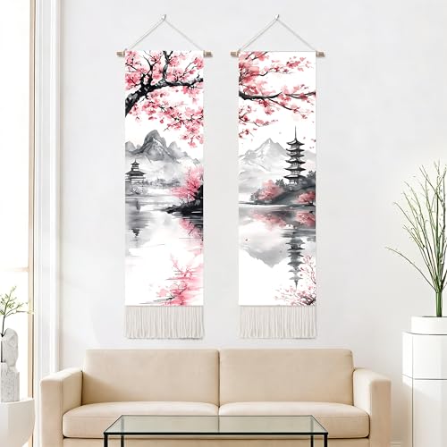 seewan 2 Pack Long Vertical Wall Tapestry, Boho Nature Landscape & Floral Aesthetic Wall Hanging for Bedroom Living Room Home Decor, Long Narrow Art Tapestry with Sunrise Mountain Botanical Designs, 13" × 51" (Blossom Ink Landscape, 13"Wx51"H, Unframed) -