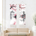 seewan 2 Pack Long Vertical Wall Tapestry, Boho Nature Landscape & Floral Aesthetic Wall Hanging for Bedroom Living Room Home Decor, Long Narrow Art Tapestry with Sunrise Mountain Botanical Designs, 13" × 51" (Blossom Ink Landscape, 13"Wx51"H, Unframed) -