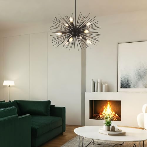 24in Black Sputnik Chandelier Mid Century Modern 9-Lights Starburst Chandelier Solid Metal Firework Urchin Satellite Chandeliers for Dining Room, Kitchen, Bedroom, Living Room, Foyer, E12 - color: Black 24" 9-Light Hanging Rod