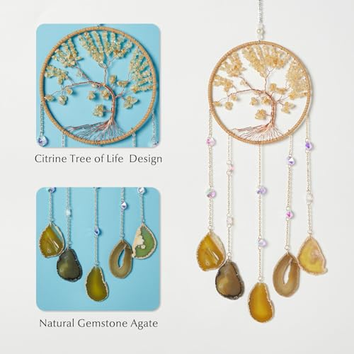 Agate Citrine Gemstone Dream Catcher 7 Chakras Gold Tree of Life Dream Catcher with Healing Crystal Stones Handmade Dreamcatcher Wall Decor for Adults Boys Girls,Bedroom,Wedding,Garden,Bless Gift - color: Citrine 7 Chakra Tree(5 Agates)