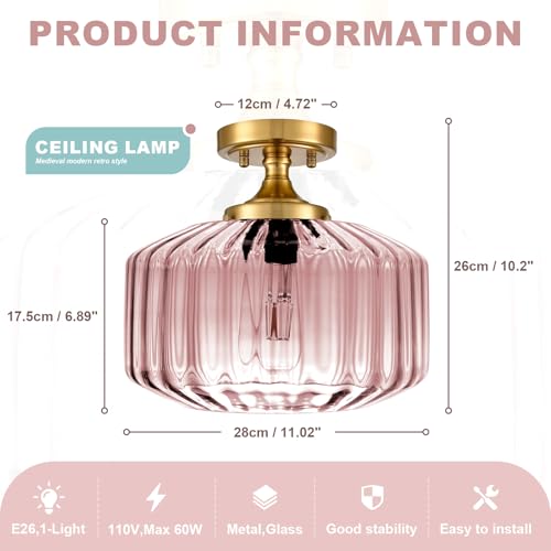 Pink Close to Ceiling Light Hallway Light Fixtures Vintage Antique Gold Ceiling Lamp with 11.02" Stripes Glass Shade, Flush Mount Ceiling Light for Closet Entryway Shower Light - color: Pink
