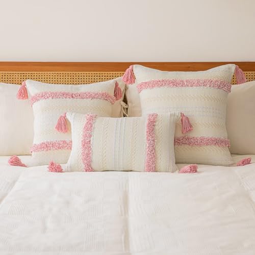 Boho Throw Pillow Covers 20x20 Set of 2 Woven Tufted Farmhouse Pillows Cover with Tassels Textured Striped Cushion Case Neutral Pillow Cases Decorative Pillowcase for Sofa, Couch, Bed, Pink - color: Pink, size: 20" x 20" (Pack of 2)