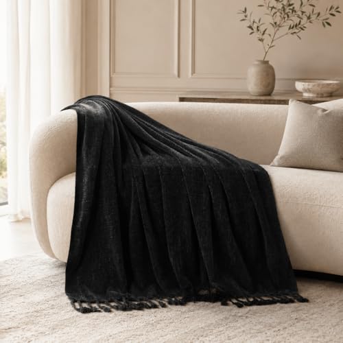 BATTILO HOME Black Chenille Throw Blanket for Couch, Soft Cozy Textured Knit Throw Blanket with Handmade Fringe Tassels, Lightweight Decorative Farmhouse Blanket for Sofa Bed Chair, 50"x60" - color: Black