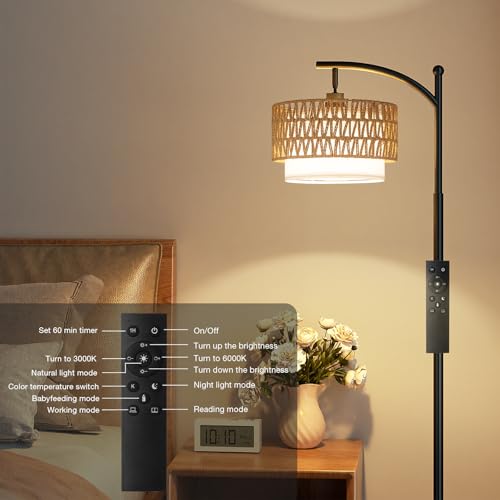 Ambimall Arc Floor Lamp for Living Room with Remote, Color Temperature & Brightness Adjustable, Boho Standing Lamp with Rattan & Fabric Double Drum Shades, Bulb Included(Black) - color: Black Rustic