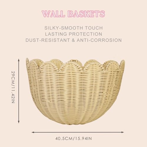 2 PCS Wave Wall Basket,15.7x10x8 in.Hand-woven by of intangible cultural Rattan Hanging Basket Woven Wicker Wall Mounted vine scallop wall basket Environmentally friendly (2)