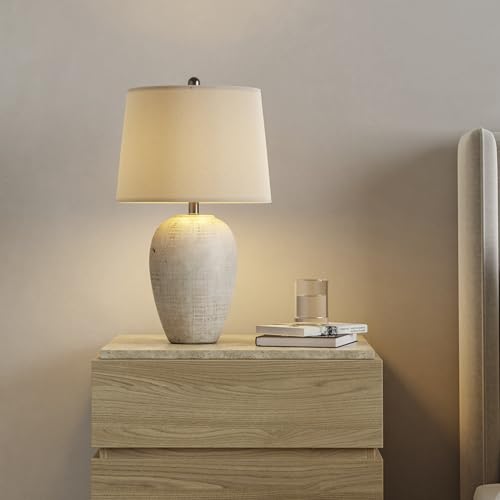 Nourison Home 23" Distressed Cream/Beige Rustic Ceramic Jar Table Lamp for Bedroom, Living Room, Dining Office, with Ivory Shade - color: Vintage Beige, size: 1 Lamp - Drum Shade