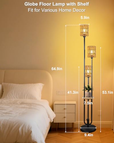 63IN Dimmable Floor Lamp with Shelf, Black Rattan Tall Standing Lamps Candle Holder Style, 3000K Warmwhite Mid Century Modern Floor Lamp with 5Lbs Heavy Base for Living Room (Bulbs Included) - color: 3 Rattan-Black Shelf