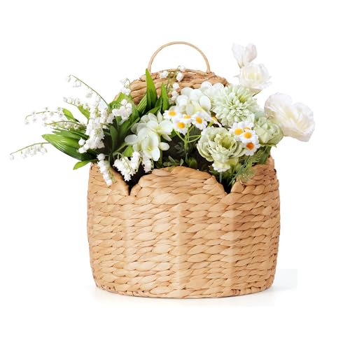 Door Basket Scalloped Hanging Storage Basket,Water Hyacinth Woven Wall Baskets for Front Door Decor, Hangable Storage Organize for Flowers,Planter,Mails,Wicker Baskets for Organizing Garden- L - size: Large