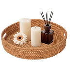 Round Rattan Serving Tray with Handles, Natural Wicker Decorative Tray for Serving, Fruit/Bread Serving Basket, Round Woven Tray，13.8inch+11.8inch, Gift Idea Choice (M+L) - size: 13.8"+11.8"