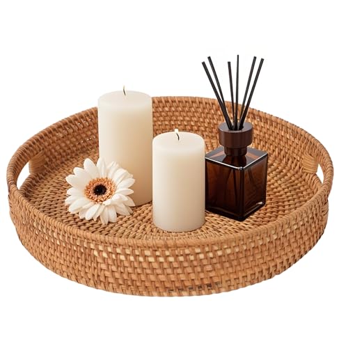 Round Rattan Serving Tray with Handles, Natural Wicker Decorative Tray for Serving, Fruit/Bread Serving Basket, Round Woven Tray，13.8inch+11.8inch, Gift Idea Choice (M+L) - size: 13.8"+11.8"