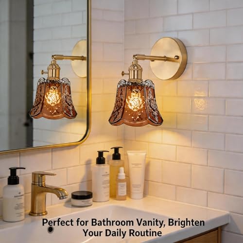 2 Pack Vintage Wall Sconces, Amber Wind Chime Glass Shade Wall Lamp with 2 Natural Light Bulbs, Hardwired Design with Rotary Switch, Decorative Light for Bedroom Hallway Living Room - color: Amber 2pcs Flower Wall Light
