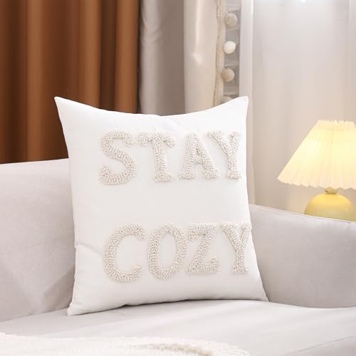 LUOYEHK Embroidered Stay Cozy Pillow Covers 18x18 Inch Decorative Throw Pillow Covers Natural Farmhouse White Square Pillow Cases Cushion Covers for Couch Bed Living Room Home Spring Decor (1 Piece) - color: Stay Cozy, size: 18" x 18" (Pack of 1)