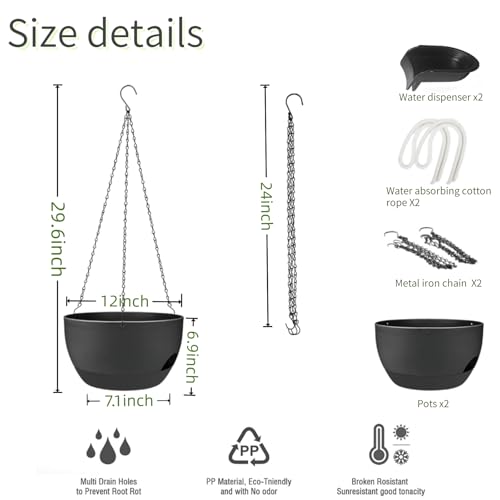 12 Inch Self Watering Hanging Planters 2 Pack, Indoor Outdoor Hanging Pots for Plants with Drainage Holes & Saucers, Black Plastic Hanging Baskets for Kitchen Balcony Garden - color: Black