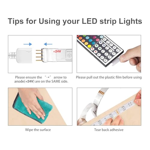 DAYBETTER Led Strip Lights 32.8 ft RGB Color Changing Lights Strip for Bedroom, Desk, Home Decoration, with Remote and Power Supply - size: 32.8FT