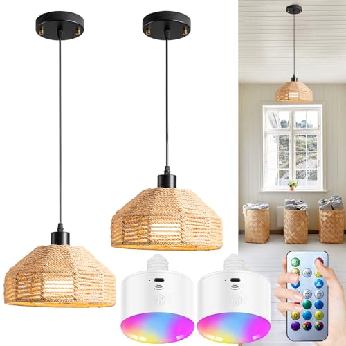 Battery Operated Pendant Light with Remote,Battery Hanging Light Rattan Woven Chandelier No Wiring Needed,Rechargeable Light Bulb 50+Hours Continue Use,Perfect for Kitchen Islands Ceiling Lighting - color: Brown-A