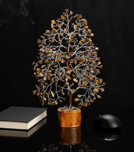 Crystal Tree of Life - tiger eye silver Healing Crystal for Home & Office Decor | Handmade Gemstone Money Tree for Positive Energy, Good Luck & Wealth | Spiritual Birthday Gift for Women & Mom - color: Tiger Eye Silver Wire