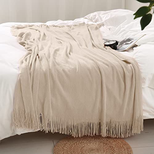 Homiest Decorative Knitted Throw Blanket with Fringe, Lightweight Acrylic Knit, Soft & Cozy Tassel Blanket for Couch, Sofa, Bed (Taupe, 50 x 60 Inch) - color: Light Beige, size: 50" x 60"