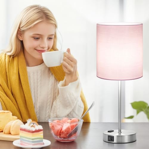 Lynnoland Set of 2 Touch Control Table Lamps, 3-Way Dimmable Bedside Nightstand Lamps for Bedroom Living Room Nursery, 800 Lumens 5000K Warmlight Bulbs Included - color: (2 Pack)Pink & Brushed Nickel(Base)-5000K Bulbs Included
