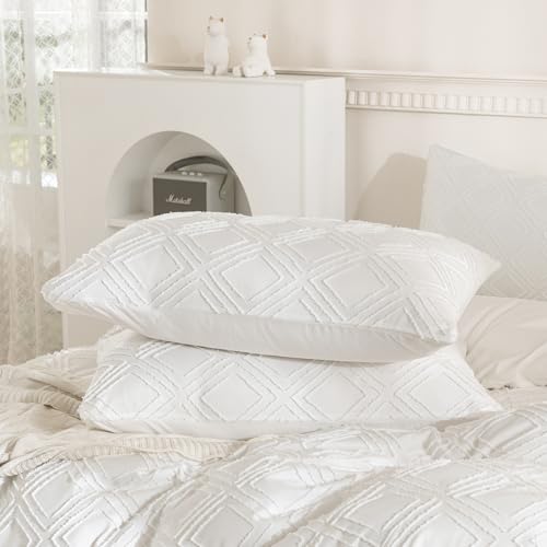JELLYMONI Pillowcases King Size White 2 Pack Boho Plaid Bed Pillow Covers 20x36in Polyester Envelope Pillow Shams Tufted Bohemian Textured (Pillows are not Included) - color: 04 - White - Grid, size: 36" x 20" (Pack of 2)