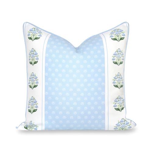 Hofdeco Premium Grandmillennial Coastal Hampton Patio Indoor Outdoor Throw Pillow Cover Only, 20"x20" Water Repellent for Backyard, Couch, Poolside, Blue Green Print Block Striped Lily of the Valley - color: Baby Blue Green Block Print Striped Lily of the