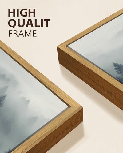 KUVIOKE Blue Fog Pine Tree Framed Wall Art Nature Nordic Forests Artwork Morden Painting Home Decor 11x14in (Natural Framed) - color: Blue Forest, size: 11 x 14in x 3 Panels Natural