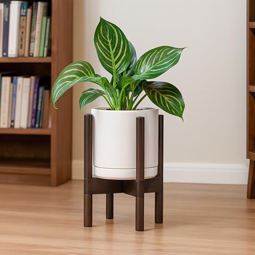 D'vine Dev Ceramic Planter with Walnut Color Stand - 8 Inch Modern Round Flower Pot with Wood Planter Holder, Oatmeal, 55-B-Y-8 - color: Oatmeal Pot + Walnut Color Stand, size: 8 Inch