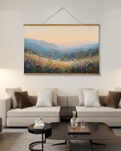 VIYYIEA Extra Large Size Canvas Wall Art, 36x54 Inch Sunset Mountain Valley with Wildflowers Scroll Painting, Oversized Landscape Wall Hanging for Living Room, Bedroom, or Cabin Decor - color: Sunlit Hills Beyond the Blooming Flowers