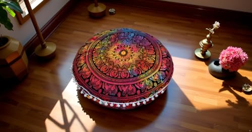 Round Mandala Floor Pillow Cover Seating Cushion Throw Cover Hippie Decorative Bohemian Ottoman Pouf Cover, Pom Pom Pillow Cases,Boho Indian 22 Inches (Multi Elephant Flower) - color: Multi Elephant Flower