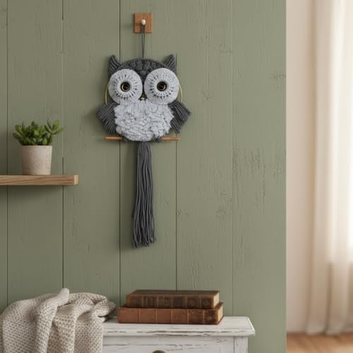 Macrame Owl Wall Hanging Boho Hippy Decor, Handmade Tapestry Fiber Art Wall Decor for Nursery Bedroom Living Room, Sustainable Gift for Owl Lovers & Nature Fans - color: Charcoal, size: Medium