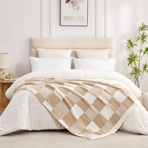 Snuggle Sac Checkered Blanket, Beige Throw Blanket for Couch Plaid Microfiber Fluffy Warm Cozy Soft Oversized Throw XL Reversible Checkered Blankets for Sofa, Chair, Bed, 50x70 inches - color: Checker Beige, size: Throw-XL(50"x70")