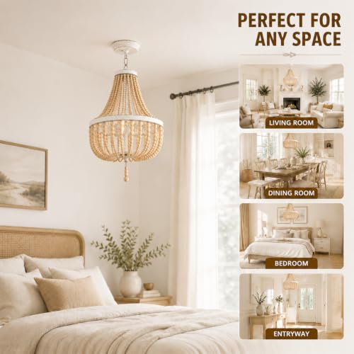 3-Light Mini Bohemian Wood Beaded Chandelier Pendant Boho Light Fixture,Antique Metal Finish Natural Color Wooden Beads, for Bathroom,Living Room,Entryway and Bedroom… - color: White distressed, size: Hardwired-3 Light