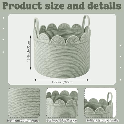 LemonRoad Sage Green Round Basket Large Blanket Basket 15.8"L x 15.8"W X13.8"H Scalloped Woven Baskets Cotton Storage Baskets for Nursery Classroom Closet Blankets Storage Home Decor - color: Sage Green, size: 15.8" L X 15.8" W X13.8" H